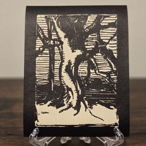 VTG Black White Abstract Woman Tree Forest Woodcut Linocut Print Unsigned Small